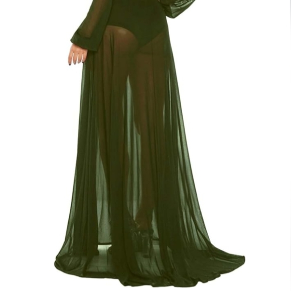 Army Green Sheer Floor Length Robe Long Moss Olive Maxi Dress Layer Deep V New - Picture 10 of 10